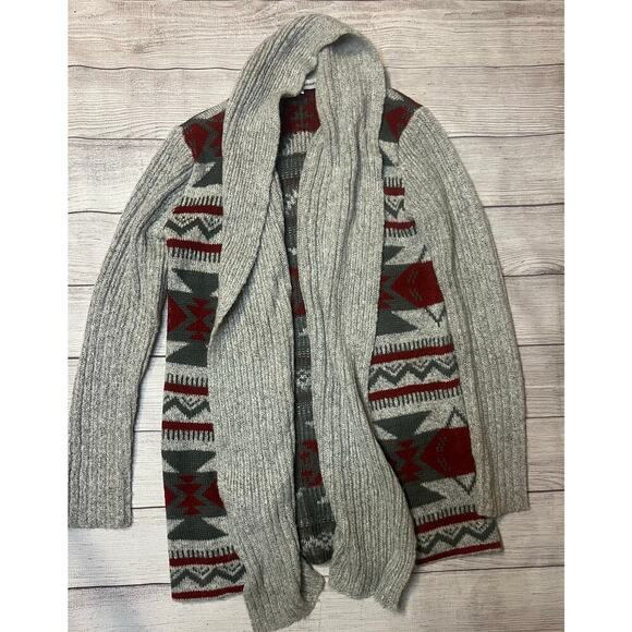 Cupcakes & Cashmere Gray Red Aztec Knit Long Cardigan Sweater Women’s Size Small - Picture 1 of 3